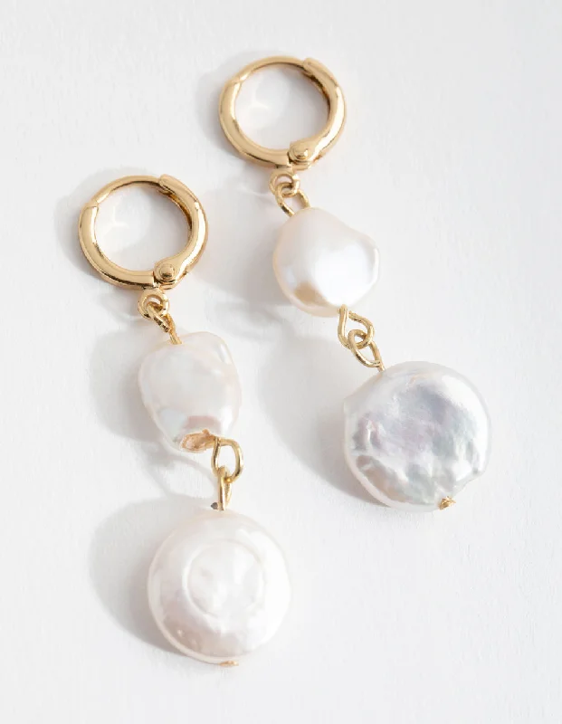 Java tile earrings-Gold Plated Multi Freshwater Pearl Huggie Earrings