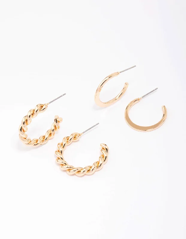 Baroque pearl earrings-Gold Clean & Twisted Hoop Earring Pack