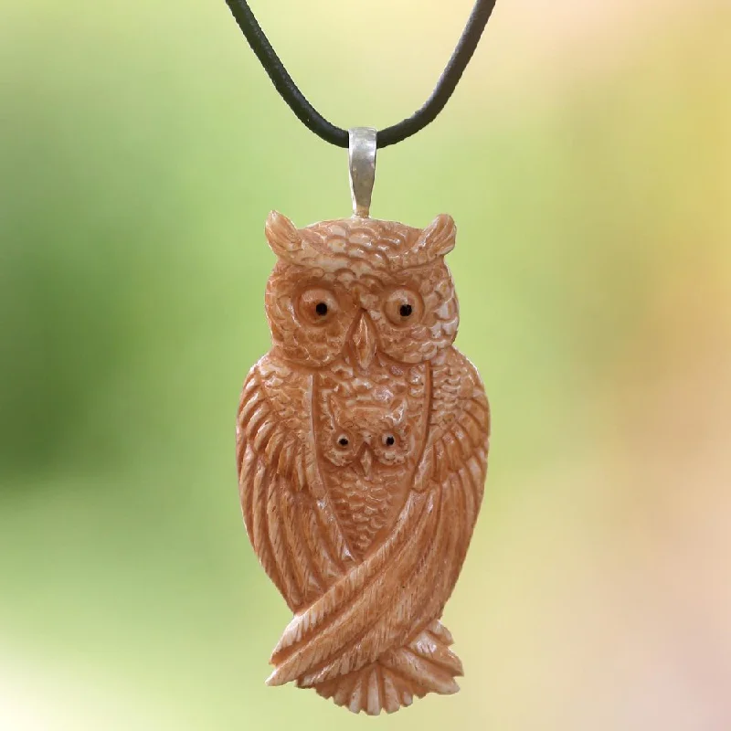 High gloss necklaces-Handmade Leather 'Brown Owl Family' Necklace (Indonesia)