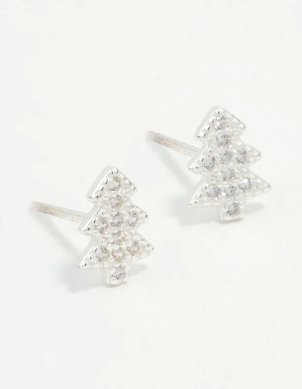 Lily design earrings-Sterling Silver Cubic Zirconia Tree Stud Earrings