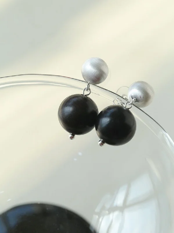 Retro clip earrings-Brushed Ball Ebony Wood Round Bead Drop Earrings