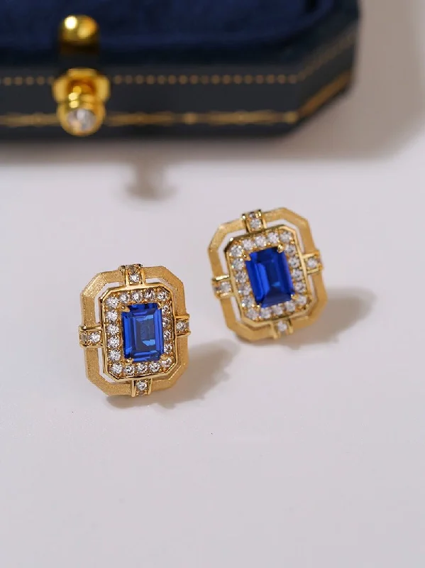 Curved design earrings-Matte Gold Square Hollow Diamond Wrapped Sapphire Stud Earrings