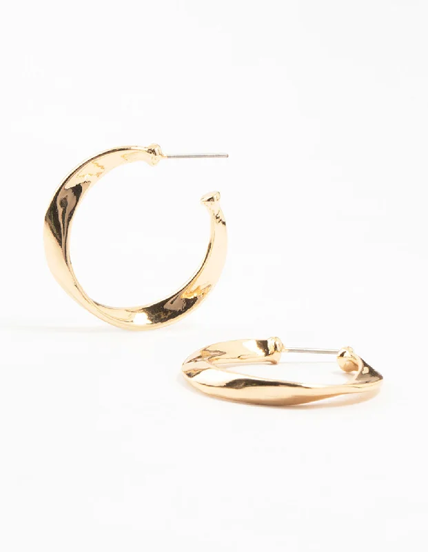 Wave design earrings-Gold Thin Warped Hoop Earrings