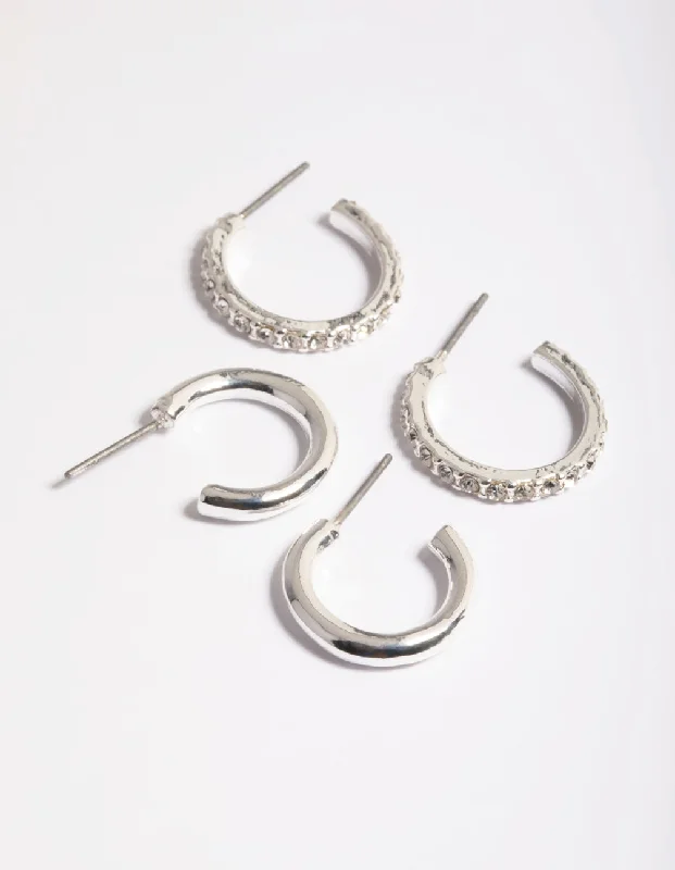 Polished bead earrings-Silver Plain & Diamante Huggie Earrings Pack