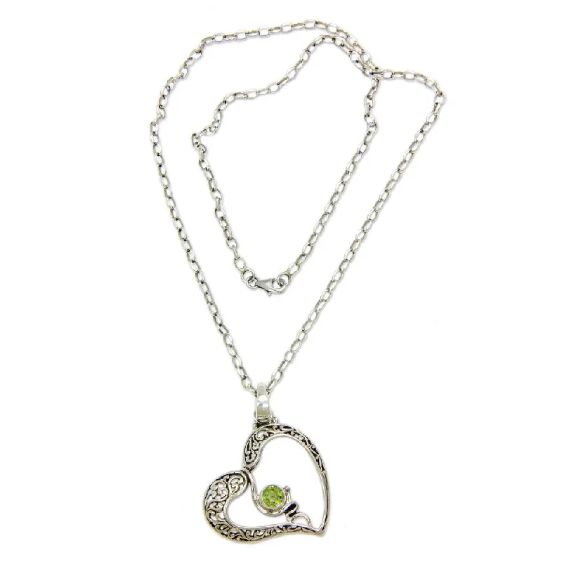 Secure clasp necklaces-Handmade Peridot Heart Necklace, 'Naturally in Love' (Indonesia)