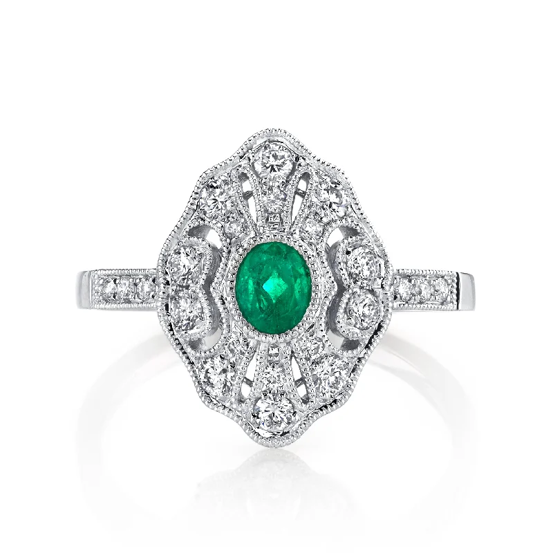 Dual-tone engagement rings-14K White Gold 0.24ct. Emerald & 0.35ct. Diamond Filigree & Milgrain Detailing Fashion Ring