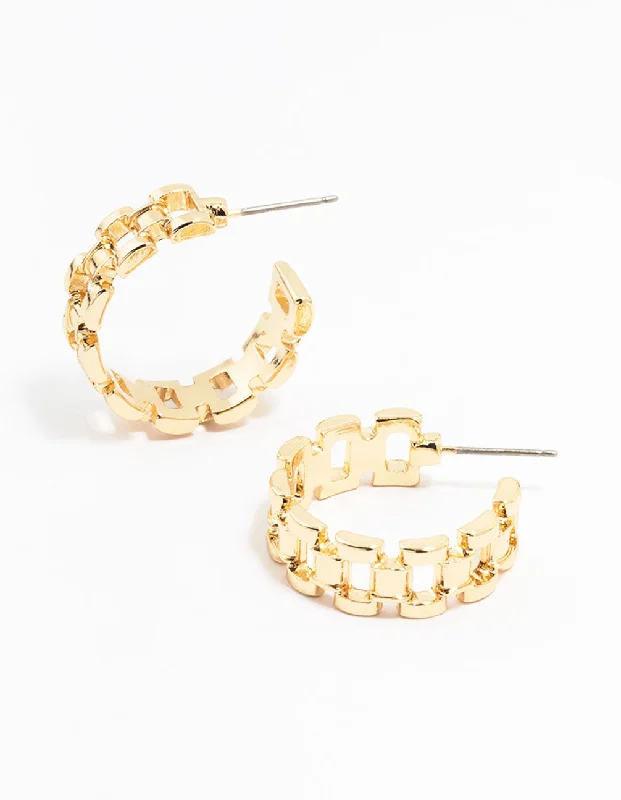 Tiny heart earrings-Gold Watch Strap Hoop Earrings