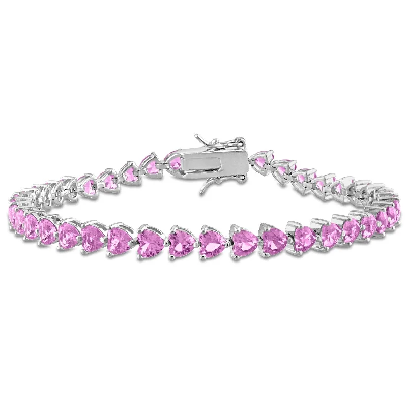 Victorian style bangles-Miadora 12 1/3ct TGW Created Pink Heart-Cut Sapphire Bracelet Sterling Silver - 7.5 in.