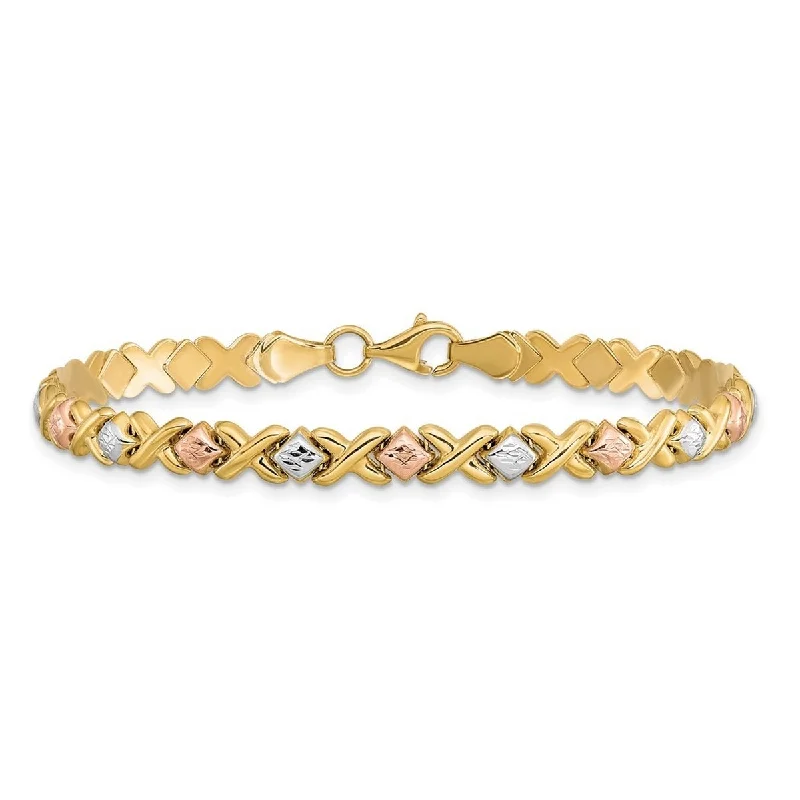 Shiny word bangles-Curata 10k Tri color Gold 7" Diamond Cut XO Stampato Bracelet