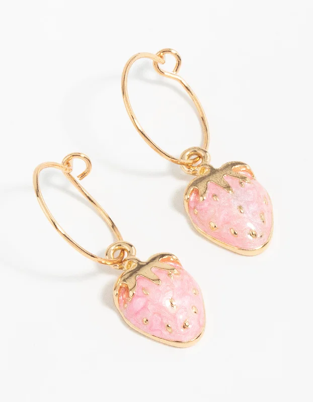 Square stud earrings-Gold Pink Strawberry Hoop Earrings