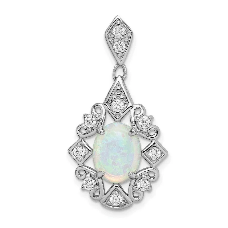 Round stone necklaces-Curata 925 Sterling Silver Prong set Open back Hidden bail Rhodium plated Simulated Opal and Cubic Zirconia Pendant Necklace Jew