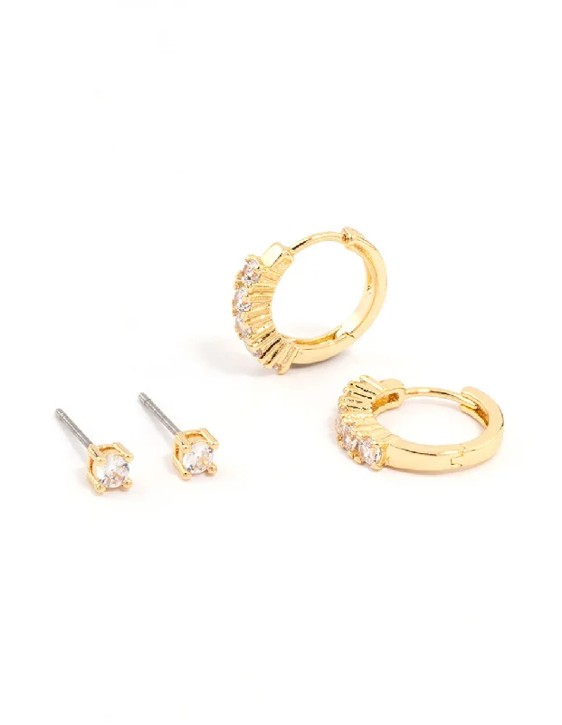 Stellar glow earrings-Gold Plated Cubic Zirconia Stud & Small Hoop Earrings 2-Pack