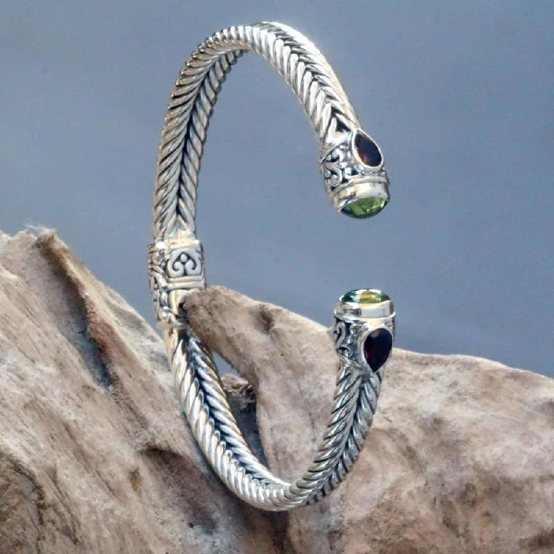 Shiny modern bangles-Handmade Sterling Silver 'Flower Buds' Garnet Peridot Bracelet (Indonesia)