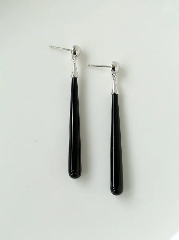 Aged bronze earrings-Long Teardrop Black Agate Earrings