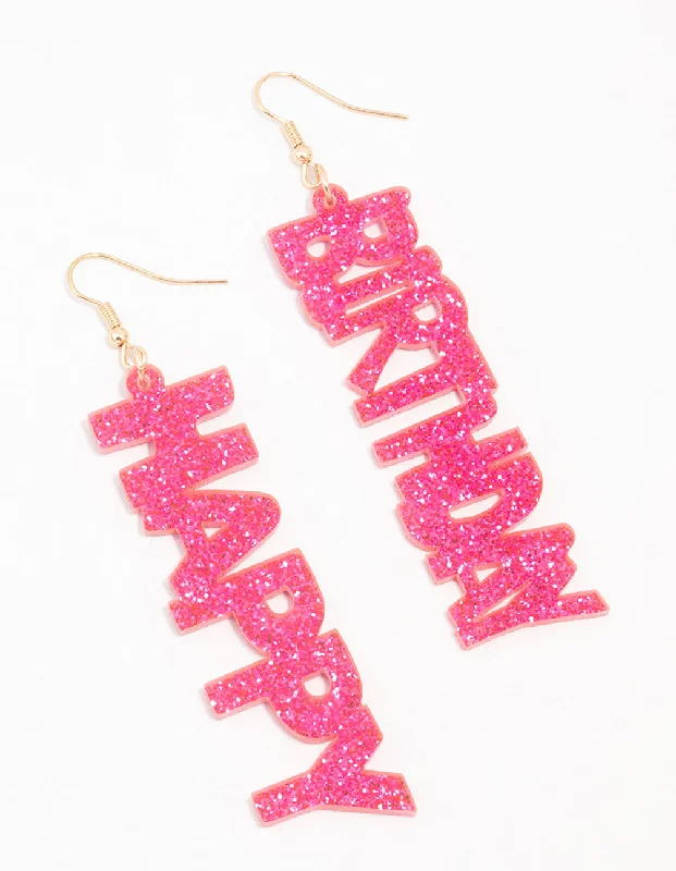 Fine triangle earrings-Pink Acrylic Happy Birthday Drop Earrings