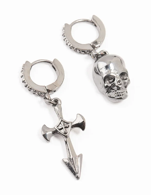 Polished bead earrings-Gunmetal Diamante Cross & Skull Huggie Earrings