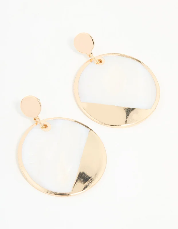 Tide drop earrings-Gold & White Shell Effect Drop Earrings