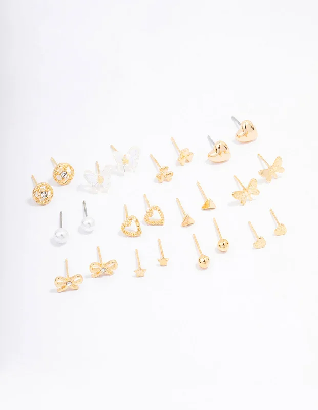 Worn medallion earrings-Gold Butterfly Stud Earring 12-Pack