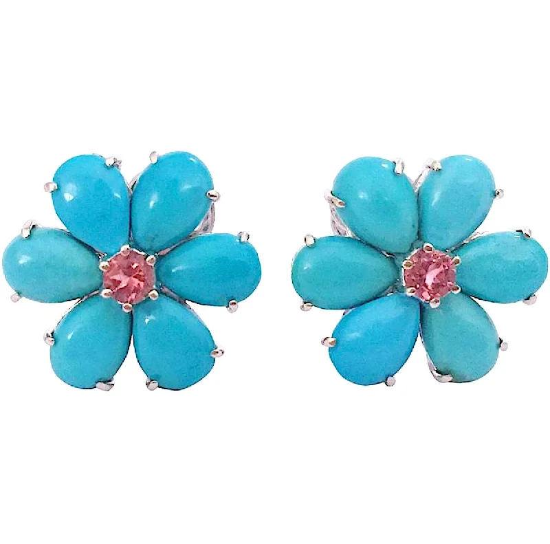 Polished gold earrings-Rubelite Turquoise Gold Flower Earrings