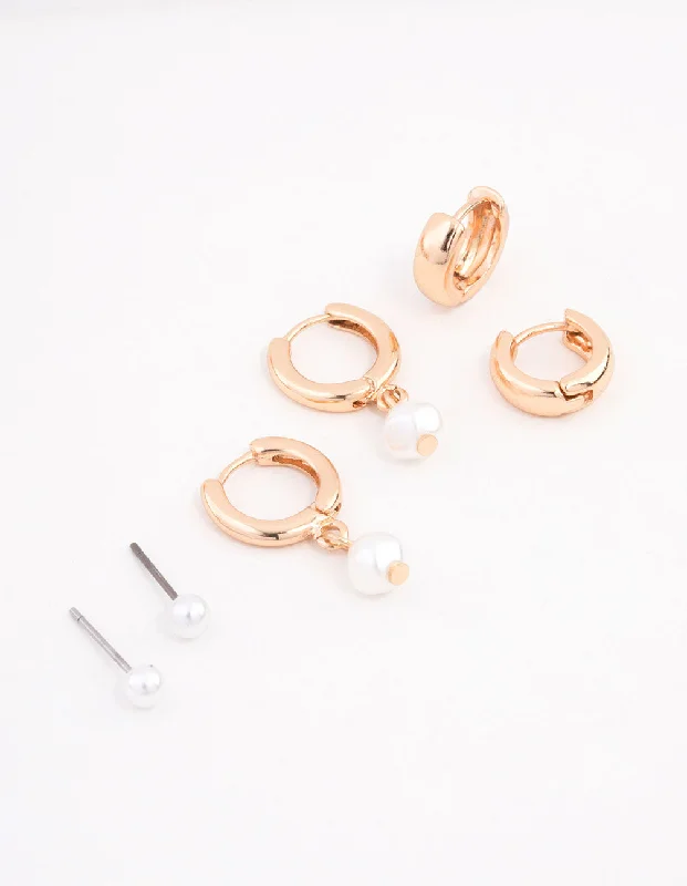 Textured disc earrings-Pearl Huggie Earrings 3-Pack