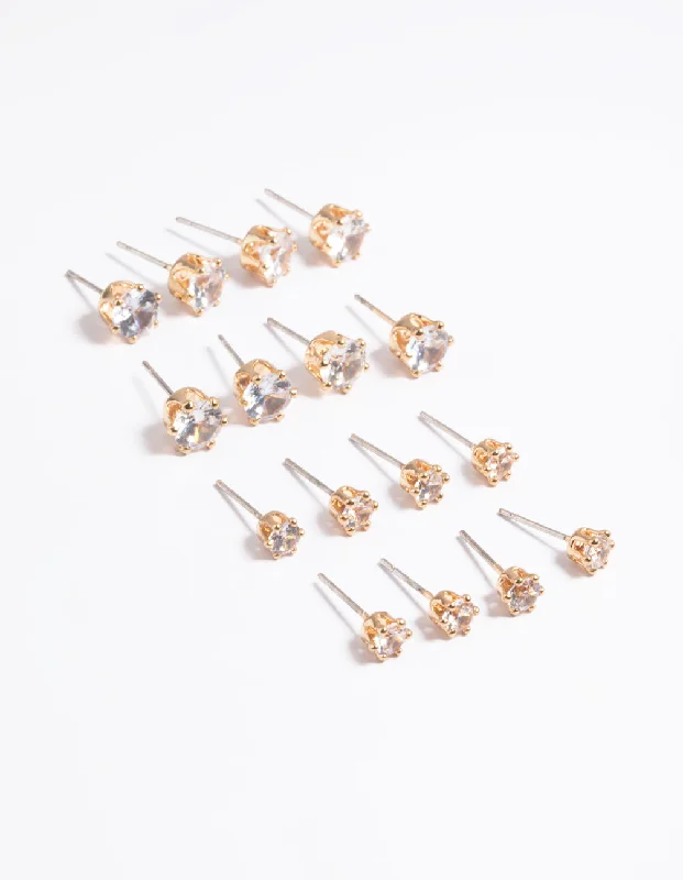 Thick tier earrings-Gold Classic Diamante Studs 8-Pack