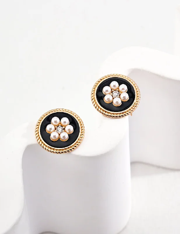 Two-tone earrings-Classic Chanel-inspired Vintage Enamel Glaze Pearl Stud Earrings