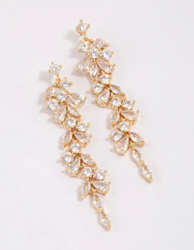 Retro clip earrings-Gold Plated Cubic Zirconia Dainty Vine Drop Earrings