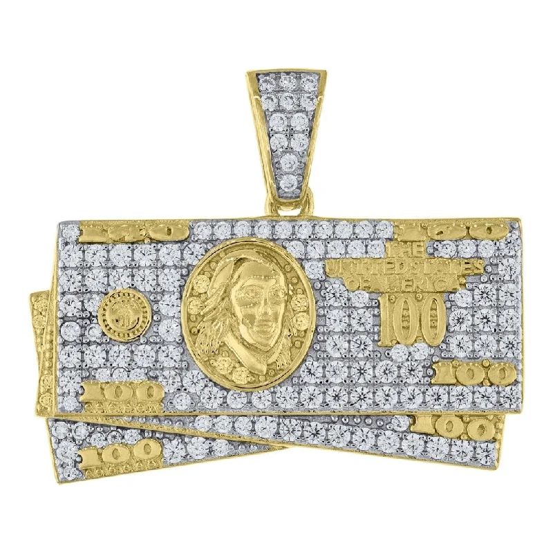 Silk cord necklaces-Curata 925 Sterling Silver Yellow tone CZ Cubic Zirconia Simulated Diamond 100 Dollar Bill Cash Mens Pendant Necklace Jewelry Gi