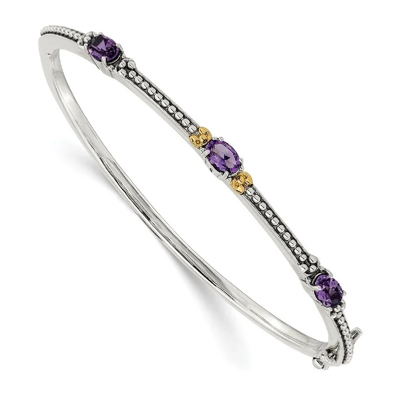 Bead rim bangles-Curata 925 Sterling Silver Hinged With 14k Yellow Amethyst Cuff Stackable Bangle Bracelet