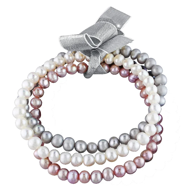 Heavy stone bangles-Miadora Multi-color Potato Cultured Freshwater Pearl 3-Strand Elastic Ribbon Bracelet Set (5-5.5mm)