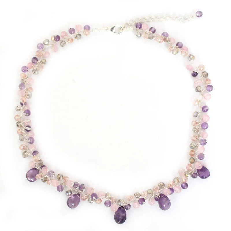 Tide shape necklaces-Handmade Amethyst and Quartz 'Lavish Lilac Lanna' Necklace (Thailand) - 14.5" L x 0.4" W