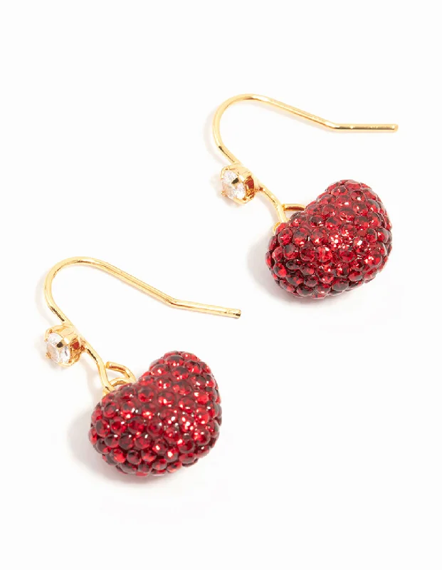 Victorian style earrings-Gold Plated Red Diamante Puffy Heart Drop Earrings