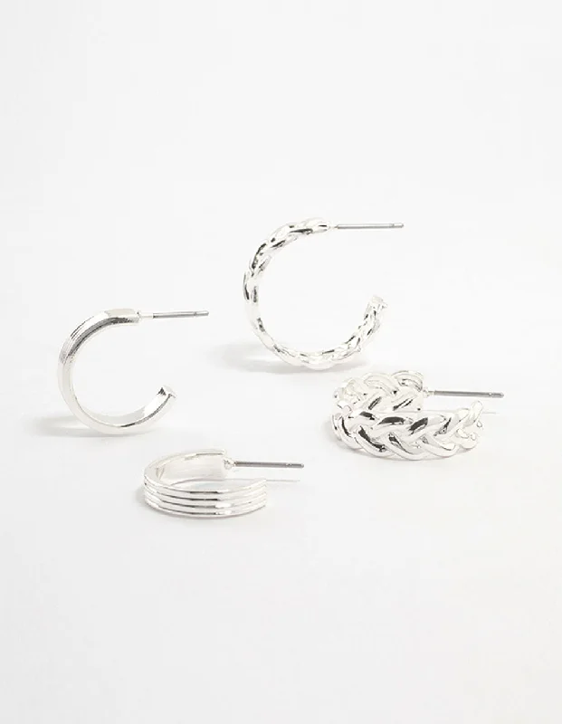 Dainty drop earrings-Silver Plaited & Ridge Hoop Earrings 2-Pack