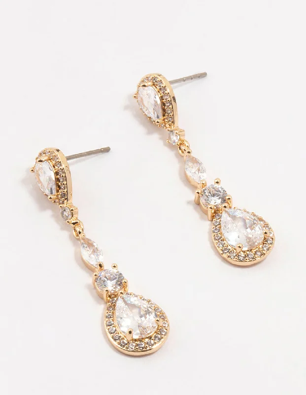 Thin pearl earrings-Gold Cubic Zirconia Pear Halo Drop Earrings