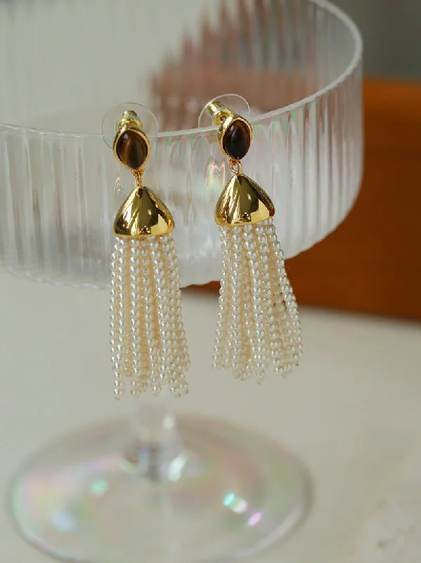 Fox wing earrings-Vintage Princess Tassel Pearl Earrings with Marquise Tiger's Eye