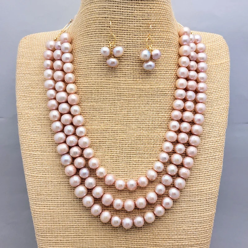 Layered drop earrings-Multi Strand Freshwater Pearl Necklace and Earrings Set