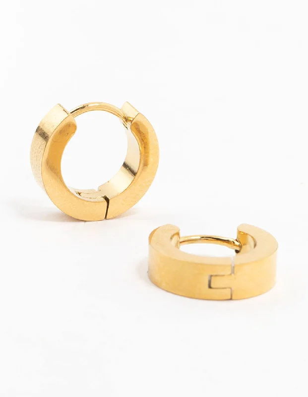 Textured disc earrings-Waterproof Gold Plated Stainless Steel Wide Huggie Earrings