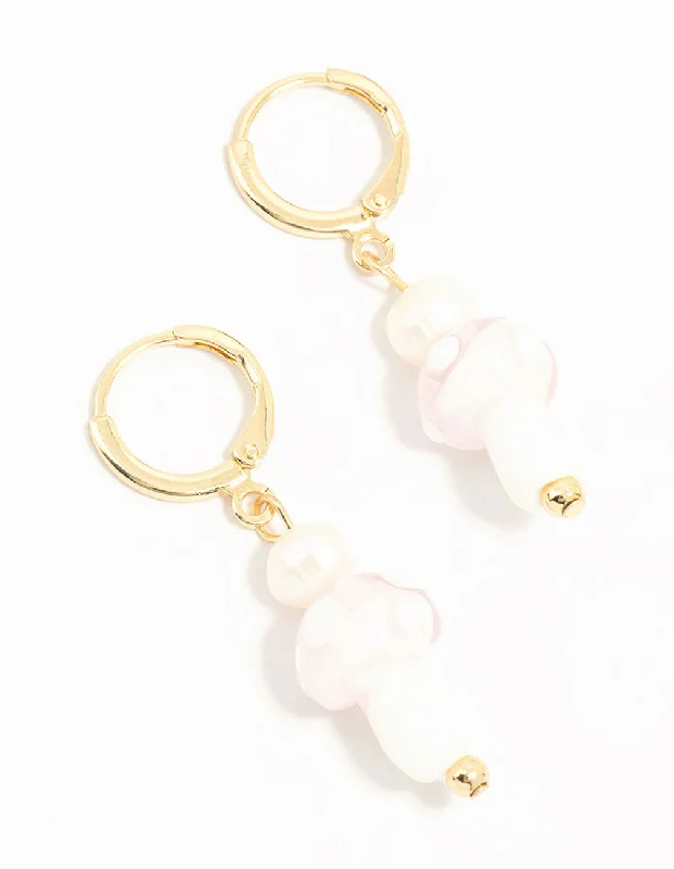 Bold cuff earrings-Gold Plated Pearl Beaded Mushroom Huggie Earrings