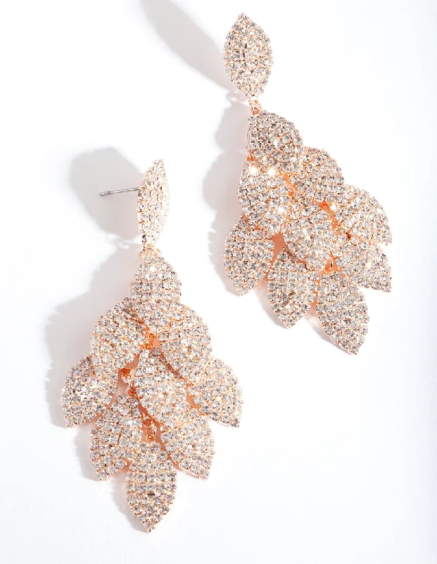 Aged bronze earrings-Rose Gold Diamante Multi Leaf Earrings