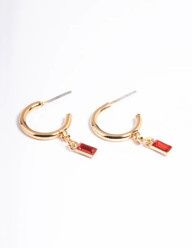 Trekker feather earrings-Red Stone Drop Huggie Earrings