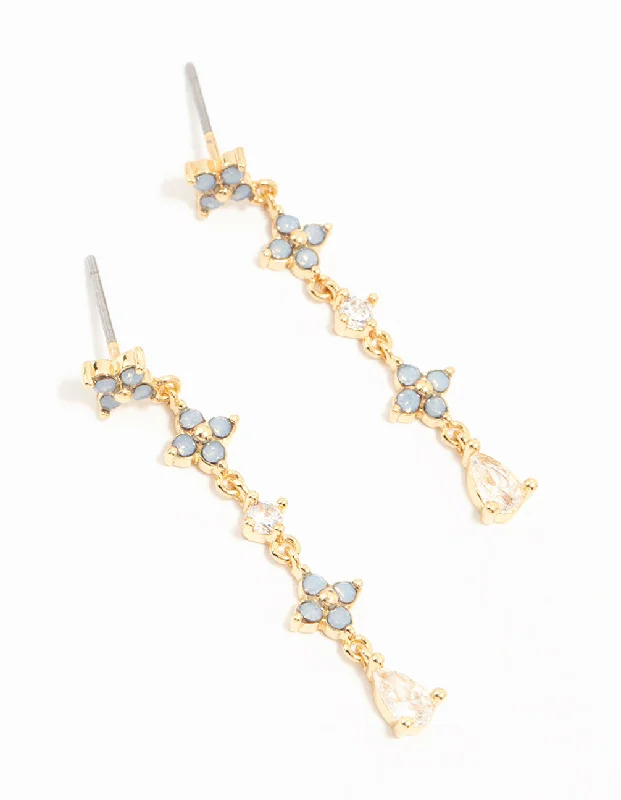 Polished art earrings-Gold Plated Blue Cubic Zirconia Floral Drop Earrings