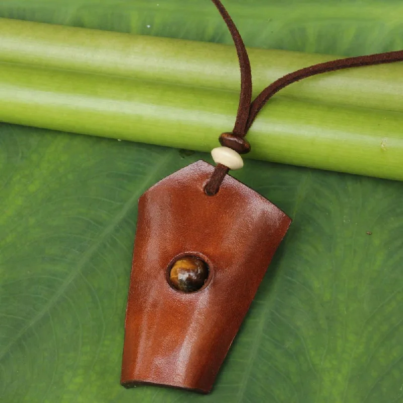 Emerald drop necklaces-Handmade Leather 'Amulet' Tiger's Eye Necklace (Thailand)