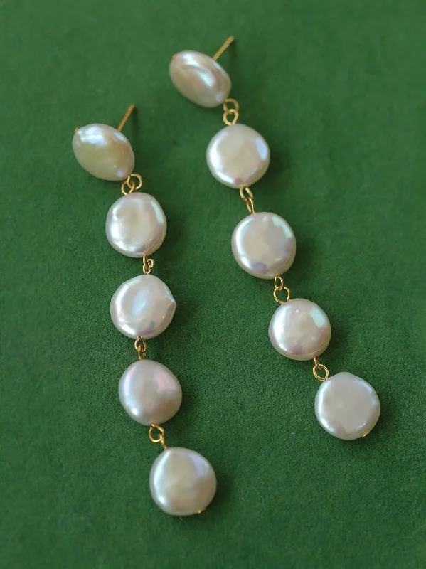 Thin pearl earrings-Flat Round Freshwater Baroque Long Drop Earrings-Small