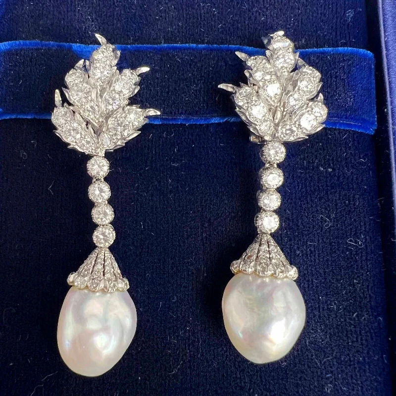 Polished gold earrings-Vintage 70s Mario Buccellati Platinum Diamond Pearl Dangle Earrings 5.72ctw BOX