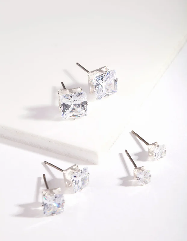 Thin pearl earrings-Silver Square Cut Diamante Stud Earring Pack