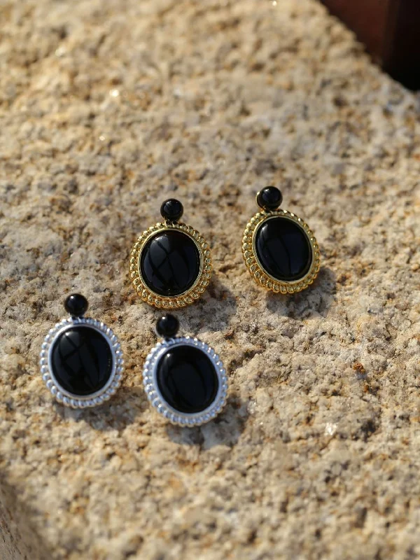 Worn medallion earrings-Dark Night Black Agate Mirror Gemstone Earrings-Black Agate Earrings