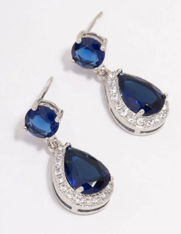 Light clay earrings-Silver Sapphire Stone Teardrop Drop Earrings