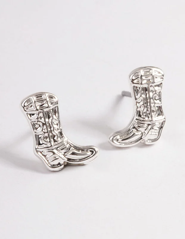 Light clay earrings-Silver Cowboy Boot Stud Earrings