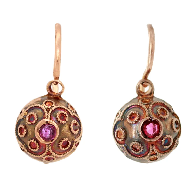 Bead weave earrings-Antique Art Nouveau Ruby Ornate Sphere Drop Earrings - 14k Rose Gold