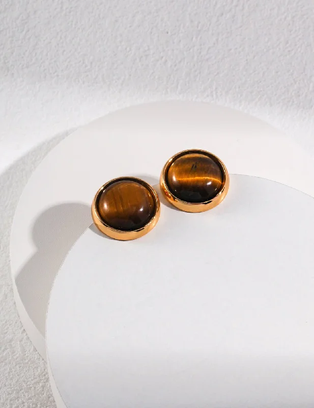 Fox wing earrings-Round Tiger Eye Stone Stud Earrings